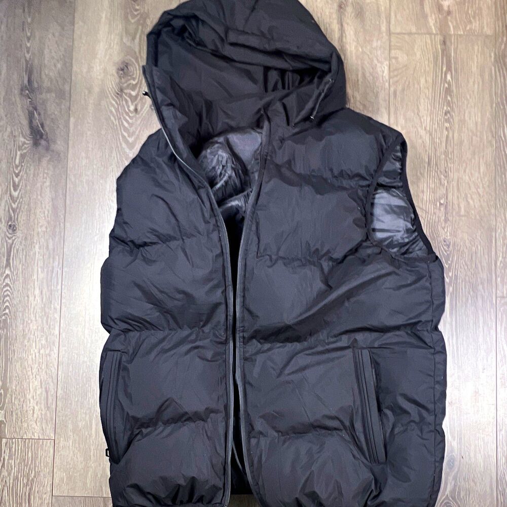 HATHNE Men's Black Hooded Puffer Jacket Full Zip Pockets Mid-Length Size XL